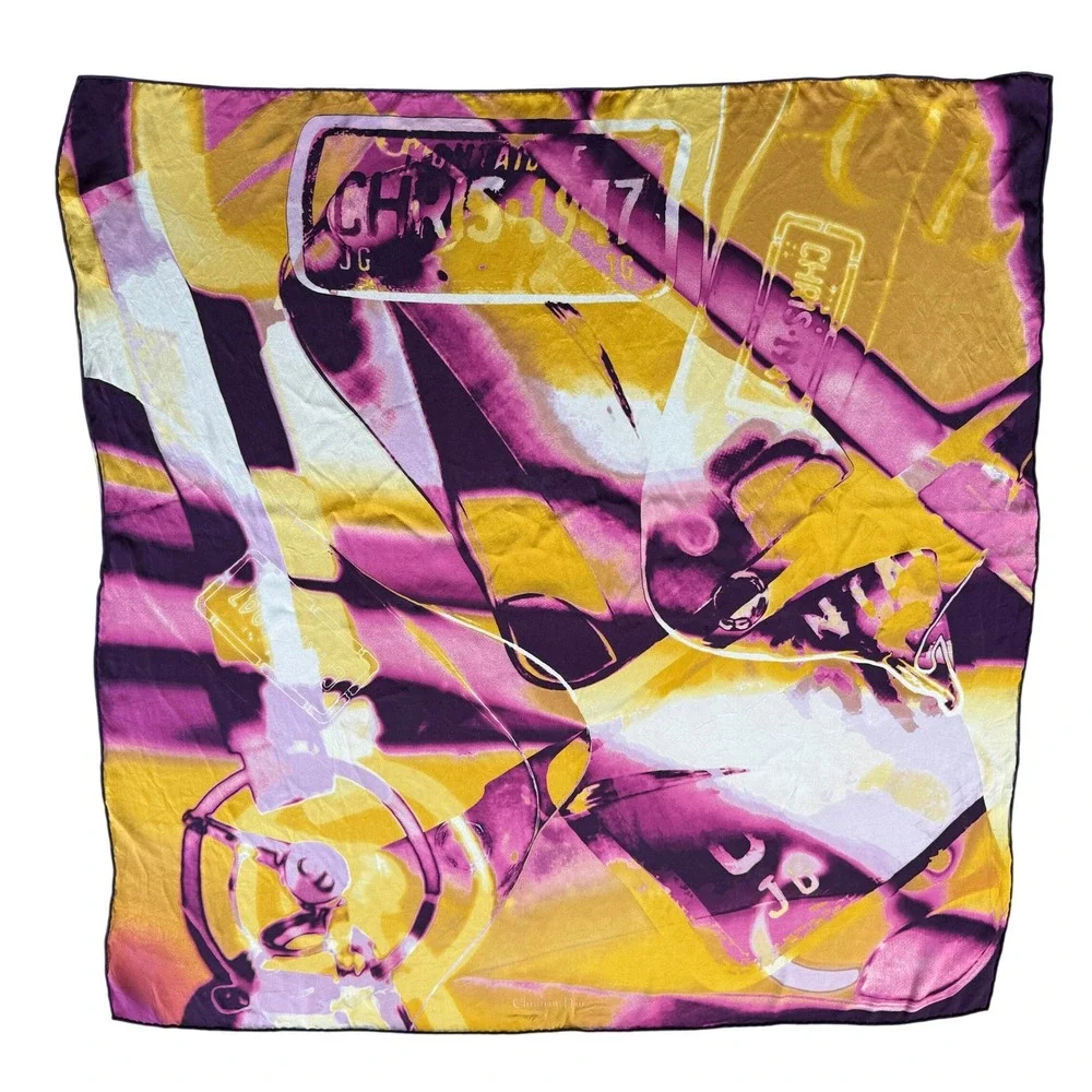 Vintage Christian Dior Chris 1947 Silk Square Scarf Purple Pink Yellow Y2K 33in